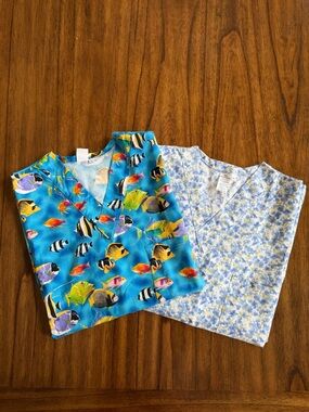 BUNDLE Blue and Green Ocean Fish Floral Medical Scrub Tops 2 pcs